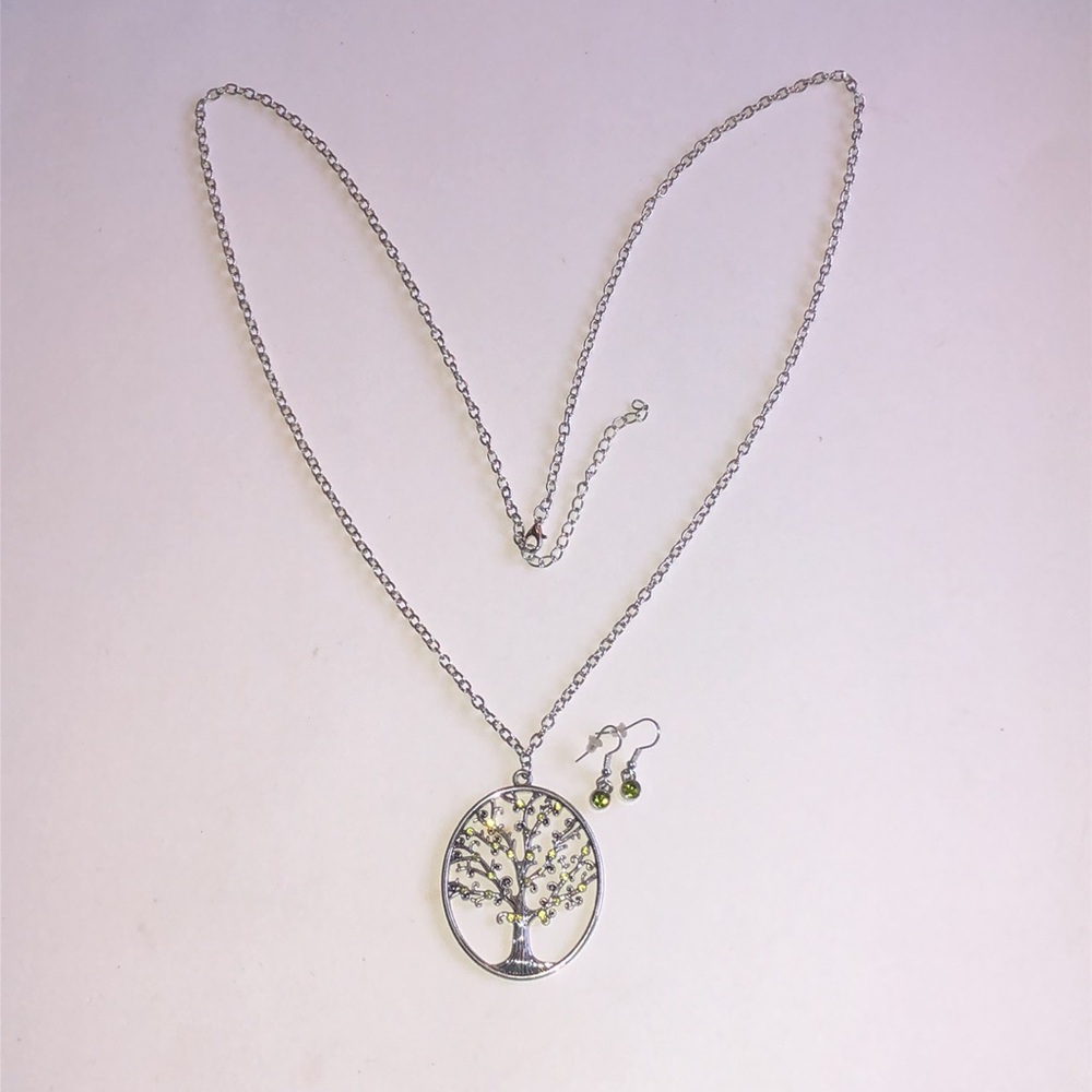 Silver Tone Tree of Life Necklace and Green CZ Earrings - Picture 2 of 4